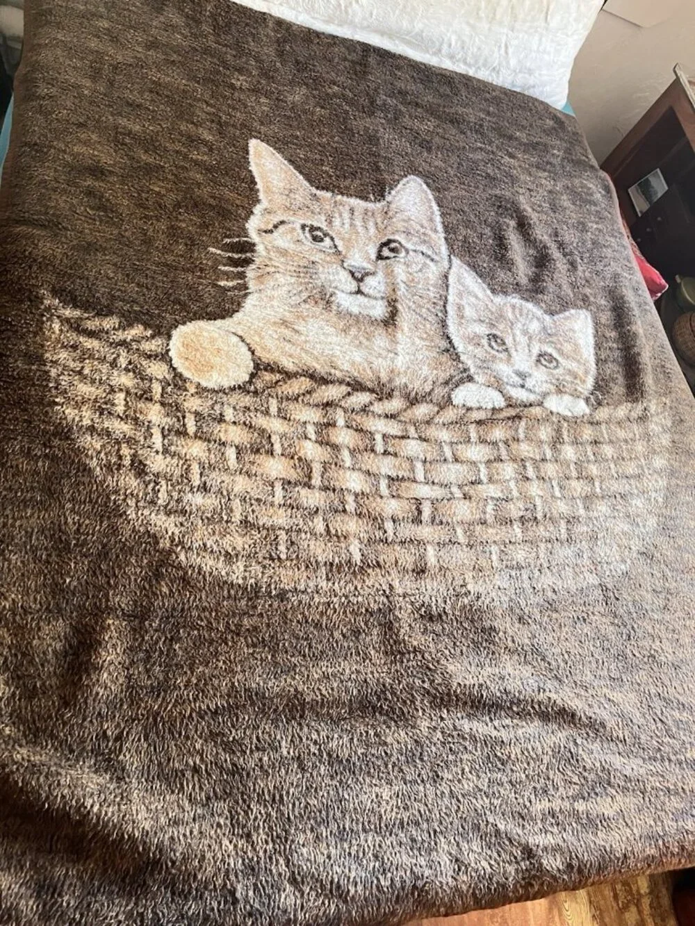 VTG  Kittens Blanket Plush Velour Throw Granny Cottagecore Reversible 56”x 72”